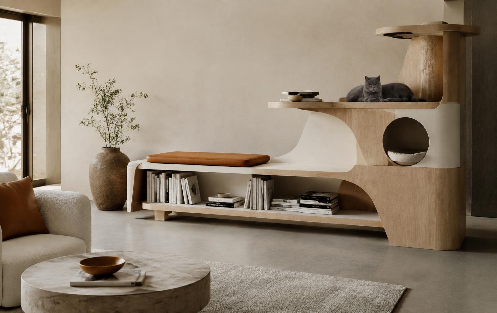 Architectural furniture shared by a cat and humans